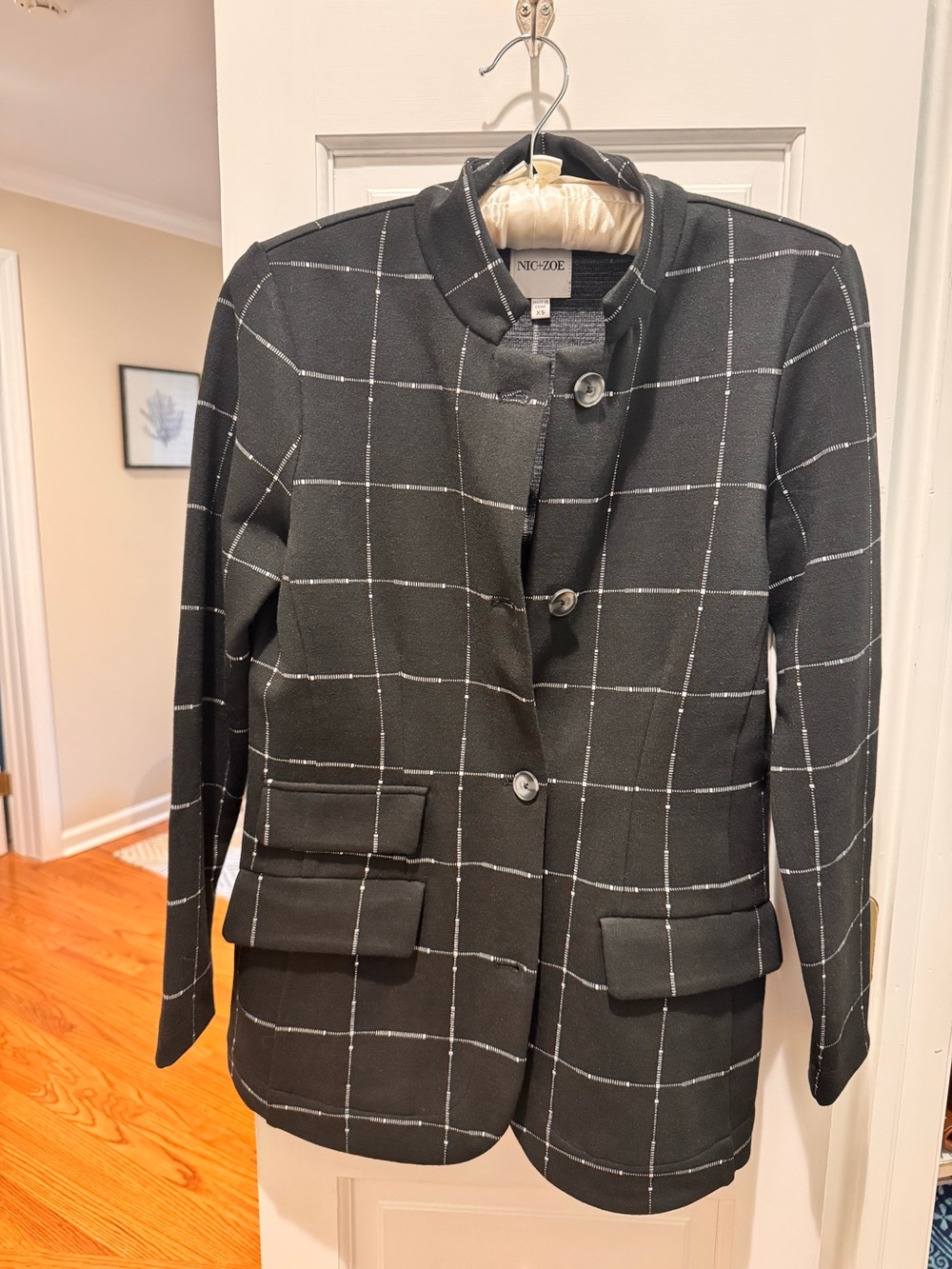NIC+ZOE Black Windowpane Collarless Blazer with White Grid